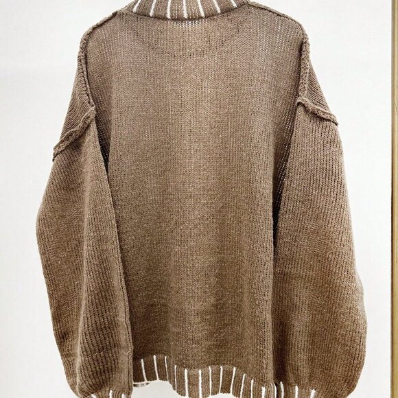 Khaki Casual Women's Oversized Drop Shoulder Long Sleeve Round Neck Sweater - Picture 2 of 5